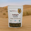AyuMantra Isabgol Powder package on a desert background
