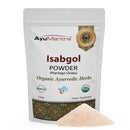 AyuMantra Isabgol Powder packaging with visible powder on a white background
