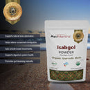 Ayurvedic Isabgol Powder packaging with product benefits listed on a blurred beach background