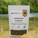 AyuMantra Jatamansi Powder packaging with a natural background