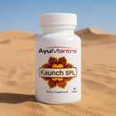 AyuMantra Kaunch SPL dietary supplement bottle in a desert setting