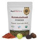 AyuMantra Kolakulathadi Powder packaging with organic certification logos on a white background.