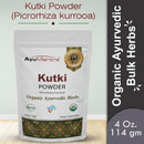 Package of AyuMantra Kutki Powder with branding and product details on a light gray background