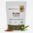 AyuMantra Kutki Powder packaging with herbs on a white background