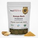 AyuMantra Kutuja Bark Powder packaging with herbs and powder on a white background