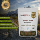 AyuMantra Kutuja Bark Powder benefits packaged with mountain landscape in the background