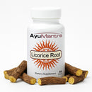 AyuMantra Licorice Root supplement bottle with licorice roots on a white background