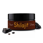 Jar of Pure Shilajit Resin with shilajit pieces on a white background