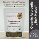Package of AyuMantra Nagarmotha Powder with branding and product details on a light background