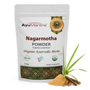 AyuMantra Nagarmotha Powder packaging with herbs on a white background