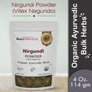 Package of AyuMantra Nirgundi Powder on a light gray background