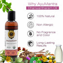 Ayurvedic oil bottle with natural ingredients and benefits on a white background