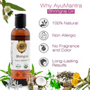 AyuMantra Bhringraj Oil bottle with natural ingredients and benefits on a white background