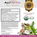 AyuMantra Bhringraj Oil label with ingredients, certification logos, and product details.