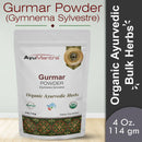 Package of AyuMantra Gurmar Powder with branding and product details on a light background