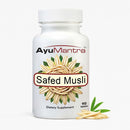 AyuMantra Safed Musli dietary supplement bottle on a white background
