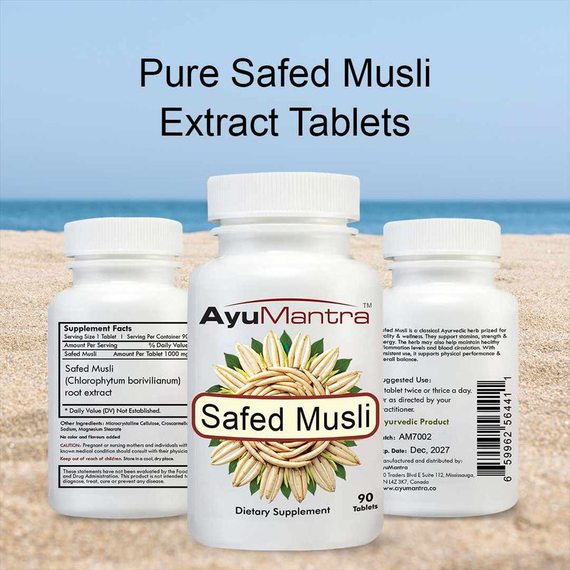 AyuMantra Safed Musli dietary supplement bottles on a sandy background with text 'Pure Safed Musli Extract Tablets'.