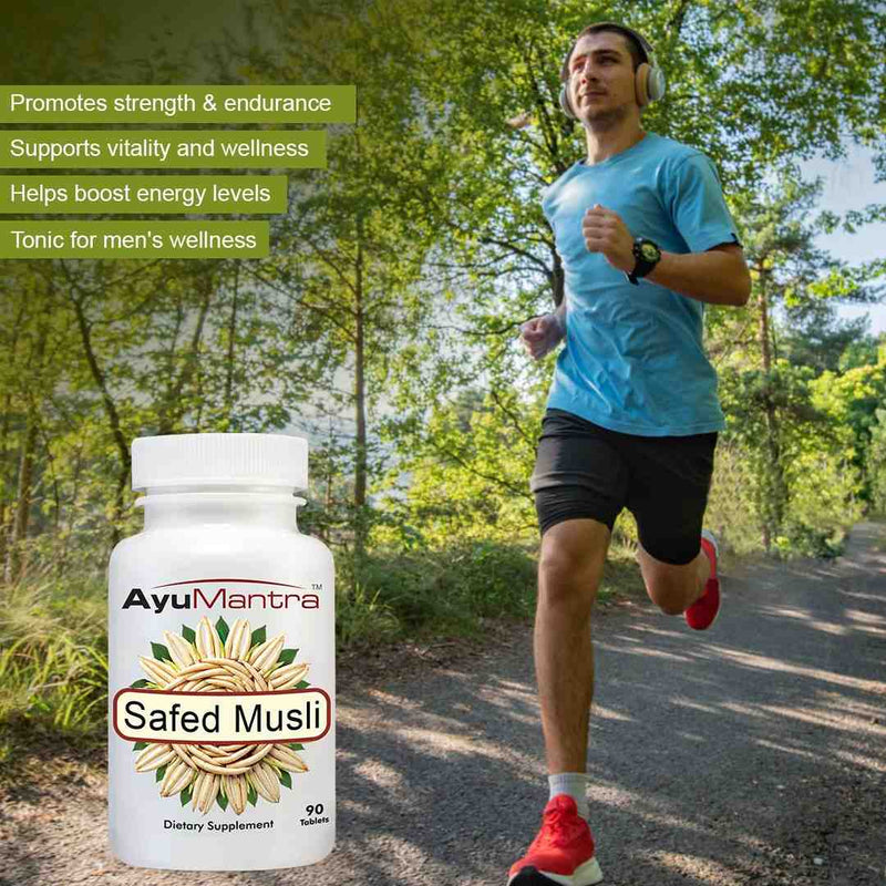 Bottle of AyulMantra Safed Musli supplement with a man running outdoors.