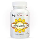 A bottle of AyuMantra Sariva Manjishta dietary supplement with 90 tablets for skin health.
