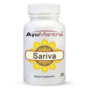 A white bottle with a label that has a sun motif and the name 'Sariva', under the brand name 'AyuMantra'. The label indicates that it is a dietary supplement with 90 tablets.