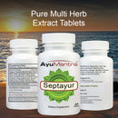 AyuMantra Septayur dietary supplement bottles with a sunset over water background