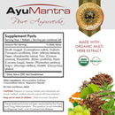 AyuMantra Pure Ayurveda supplement label with ingredients and certification logos.