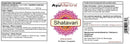 A close-up of a product packaging label for AyuMantra Shatavari tablets, showing the brand name, product name, ingredients, directions, and a barcode on a white background.