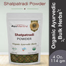 Package of AyuMantra Shatpatradi Powder with branding and product details on a light gray background.