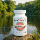 AyuMantra Sudarshan Ghan dietary supplement bottle on a rock by a lake with greenery.