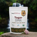 AyuMantra Tagar Powder packaging with a natural background