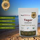 AyuMantra Tagar Powder benefits packaged with the beach background