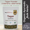 Package of AyuMantra Tagar Powder with branding and product details on a light gray background.