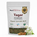 AyuMantra Tagar Powder packaging with herbs and flowers on a white background