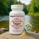 AyuMantra Tagar dietary supplement bottle with a natural background