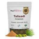AyuMantra Talisadi Powder packaging with herbs on a white background