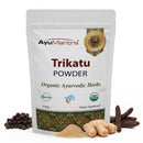 AyuMantra Trikatu Powder packaging with organic certification logos on a white background