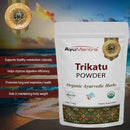 AyuMantra Trikatu Powder benefits, packaged with sunset background