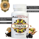AyuMantra Trishla dietary supplement bottle with product details on a white background.
