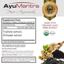 AyuMantra Pure Ayurveda supplement packaging with ingredients and certification logos.