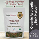 Vidanga Powder packaging with AyuMantra branding on a light gray background
