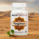 AyuMantra Yoginex dietary supplement bottle with desert background