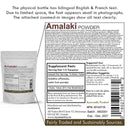 Amalaki powder packaging with English and French text, supplement facts, and product details.
