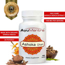AyuMantra Ashoka Ghan dietary supplement bottle with branding and product details on a white background.
