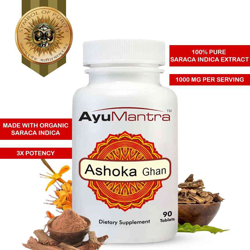 AyuMantra Ashoka Ghan dietary supplement bottle with branding and product details on a white background.