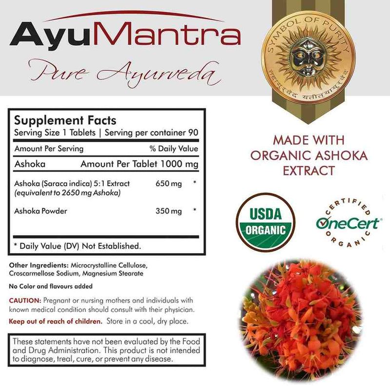 AyuMantra Pure Ayurveda supplement label with organic certification logos and Ashoka plant image.