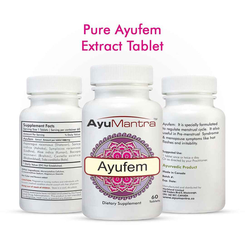 Three Ayufem tablets bottles with supplement facts and usage text highlighting pure extract formula.