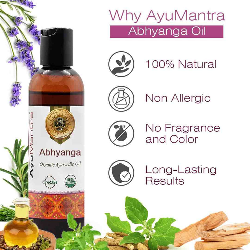 AyuMantra Abhyanga Oil bottle with product features and natural ingredients on a white background