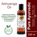 Bottle of Abhyanga Oil with branding and product details on a white background