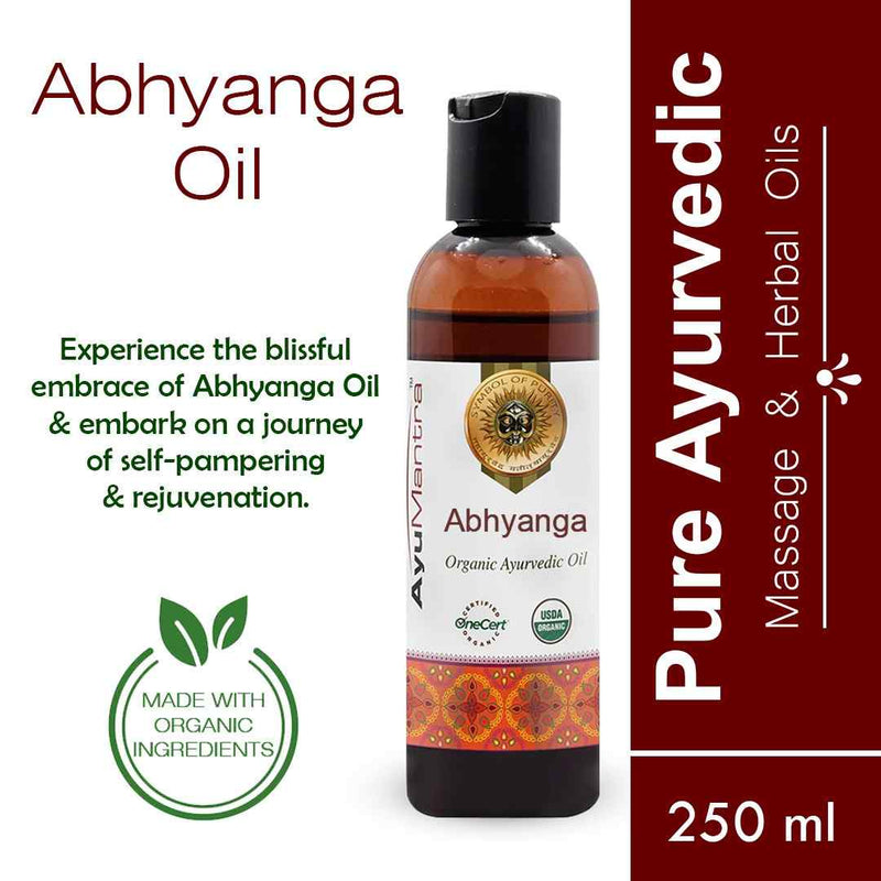 Bottle of Abhyanga Oil with branding and product details on a white background