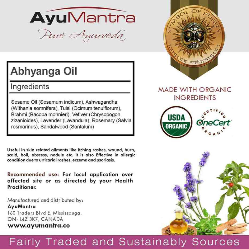 AyuMantra Abhyanga Oil packaging with ingredients list, certification logos, and product description.